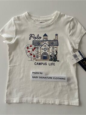 Polo Ralph Lauren Girls 4 White 'Campus Life' Graphic Tee with House Motif Shirt